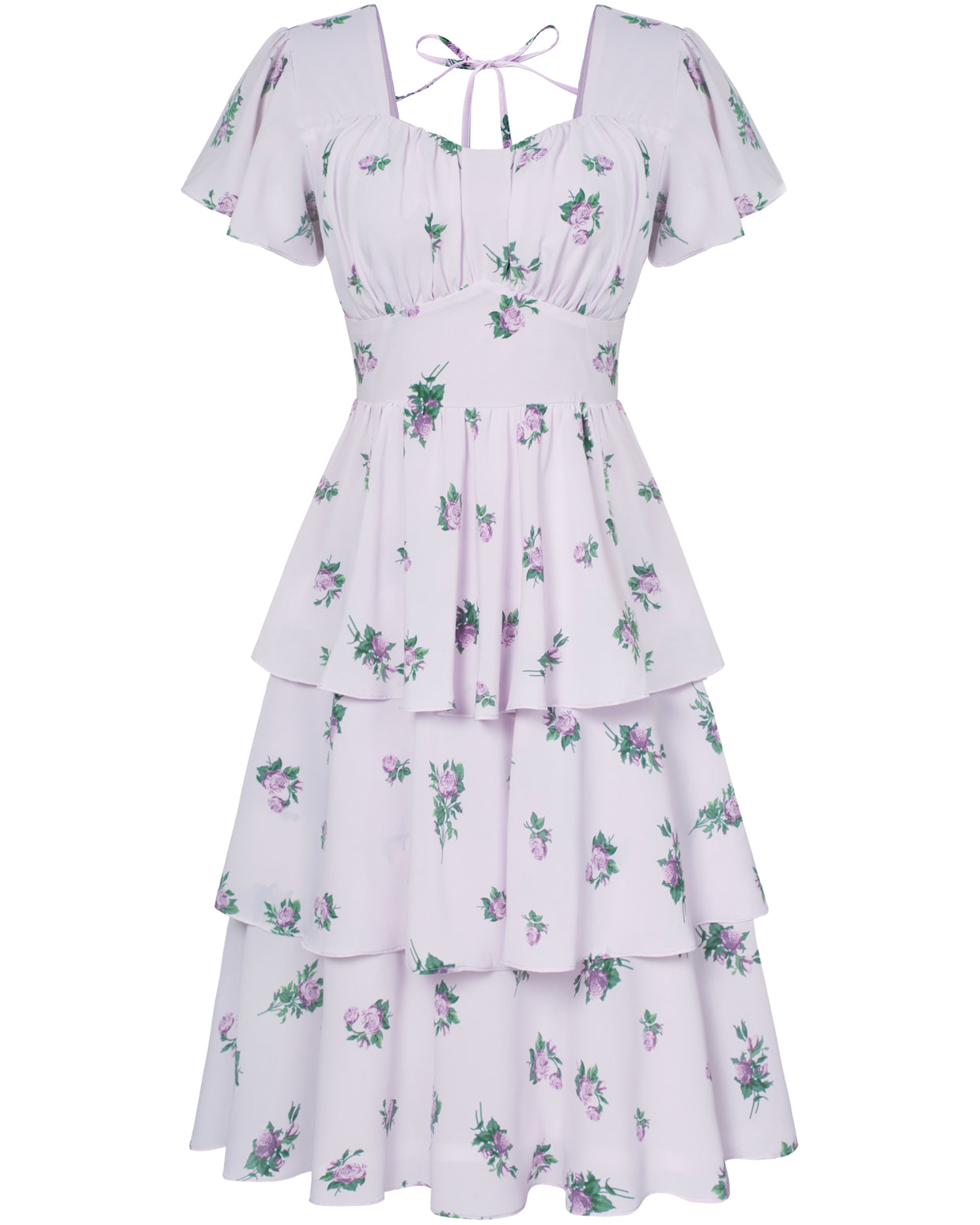 belle poque Floral Print Tiered Ruffle Dress 2026 Summer Vintage A-line Swing Midi Dress Purple