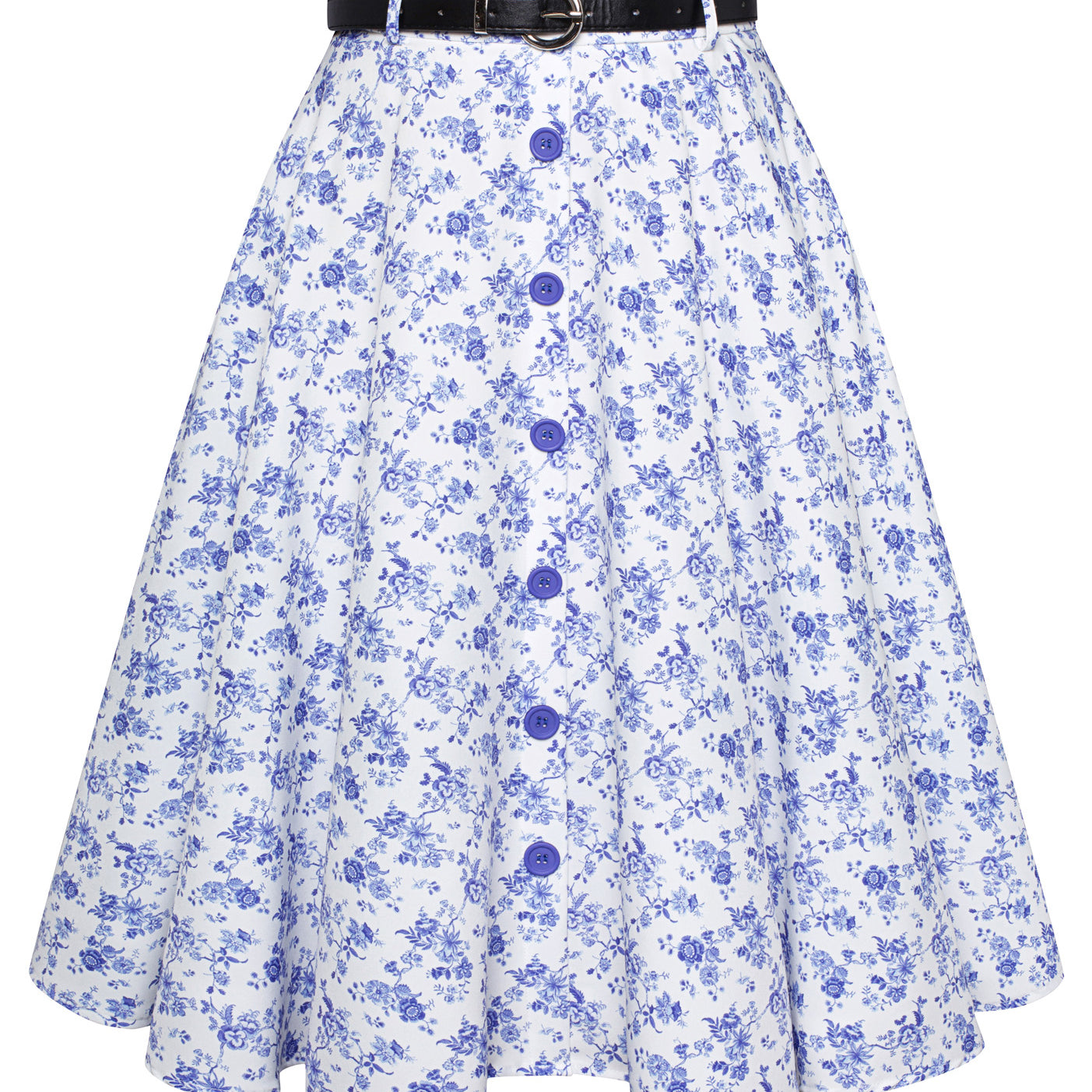 belle poque Swing Skirt with Belt Elastic High Waist Buttons Decorated Skirt Floral