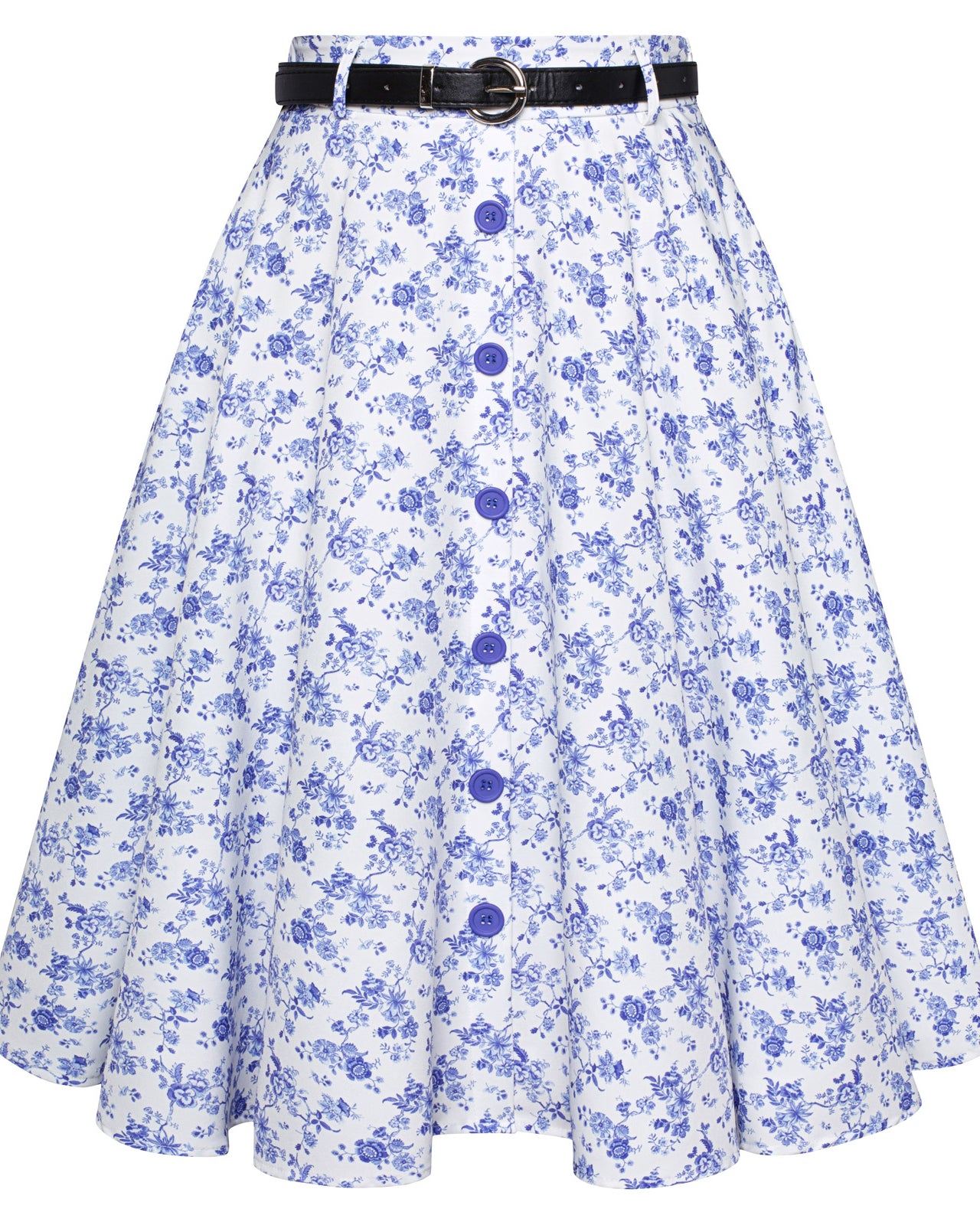 belle poque Swing Skirt with Belt Elastic High Waist Buttons Decorated Skirt Floral