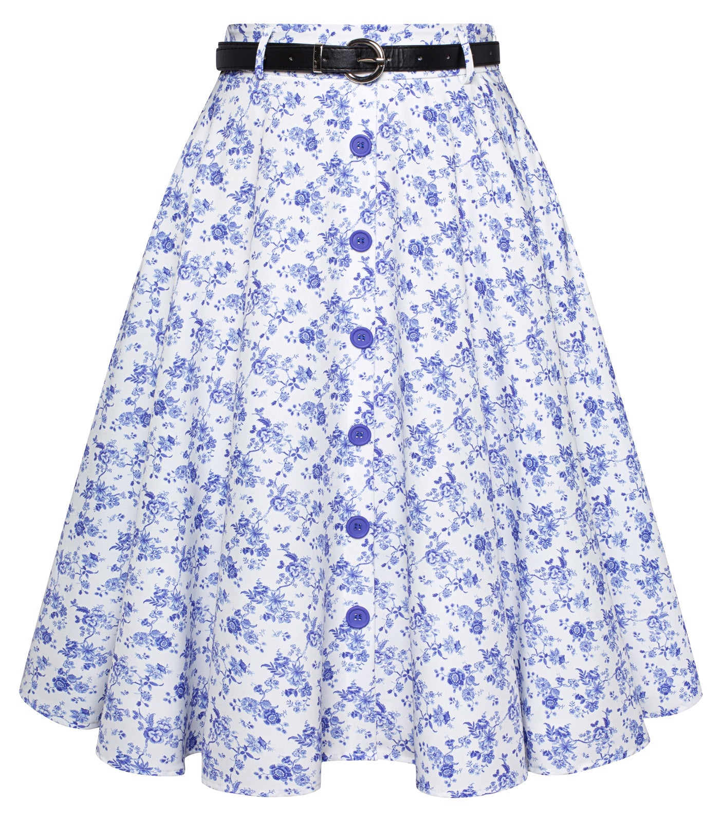 belle poque Swing Skirt with Belt Elastic High Waist Buttons Decorated Skirt Floral