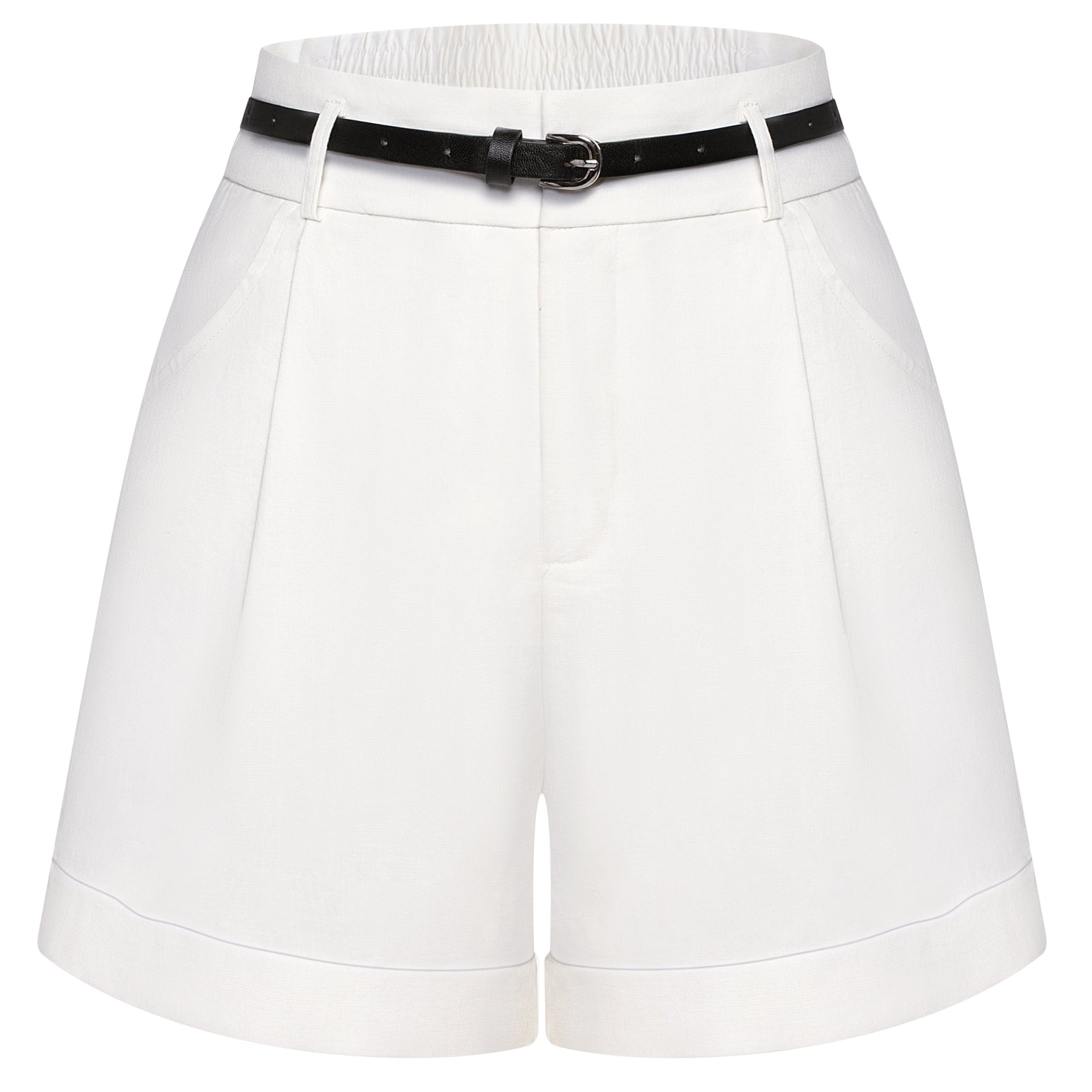 belle poque Elastic Waist Fold-up Leg Opening Cotton Shorts with Belt White