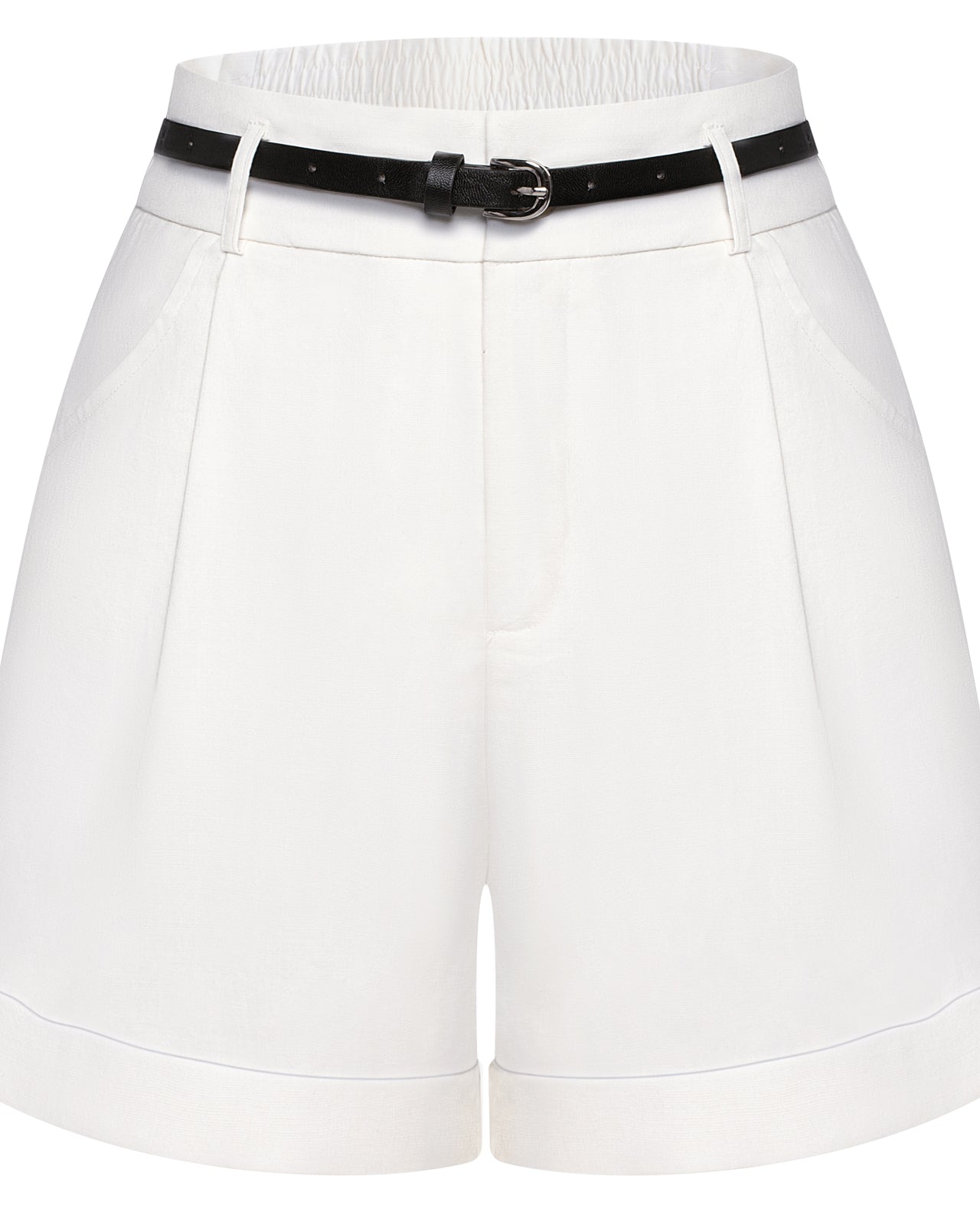 belle poque Elastic Waist Fold-up Leg Opening Cotton Shorts with Belt White