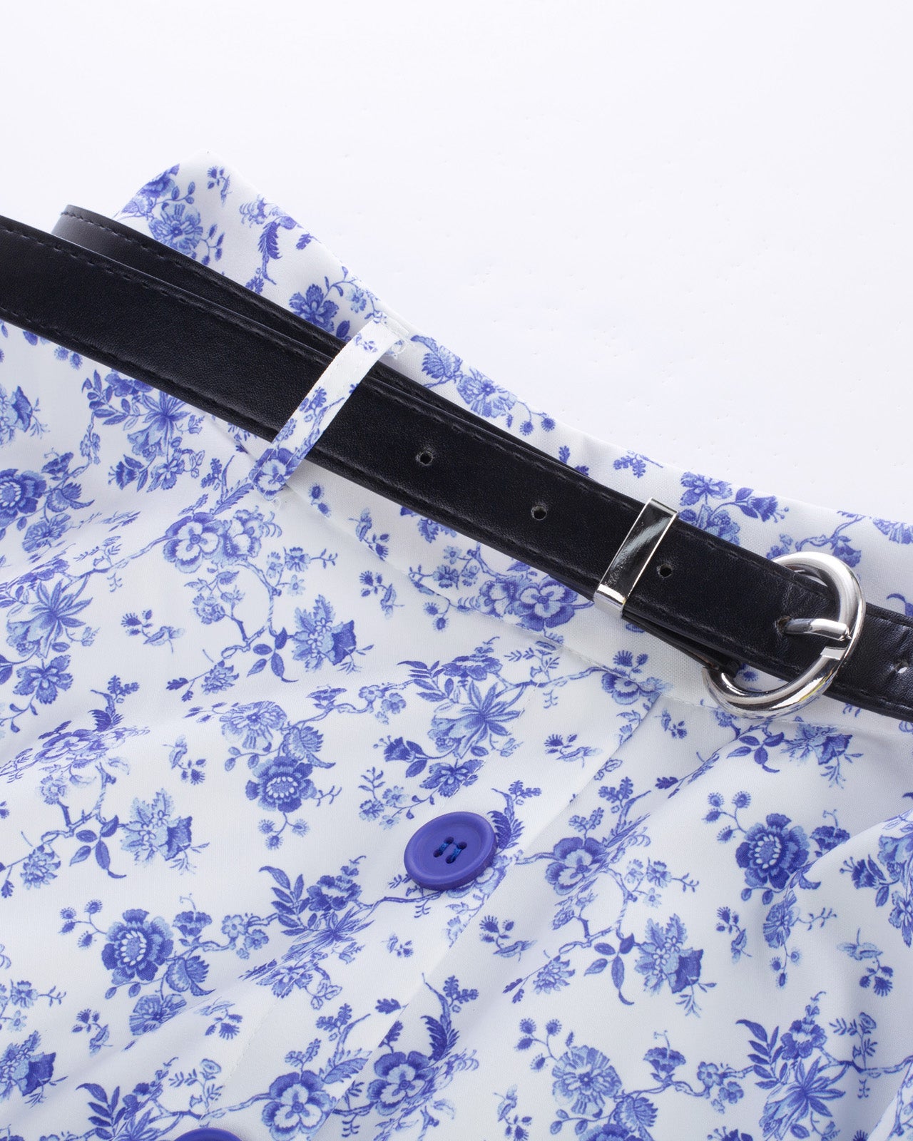 belle poque Swing Skirt with Belt Elastic High Waist Buttons Decorated Skirt