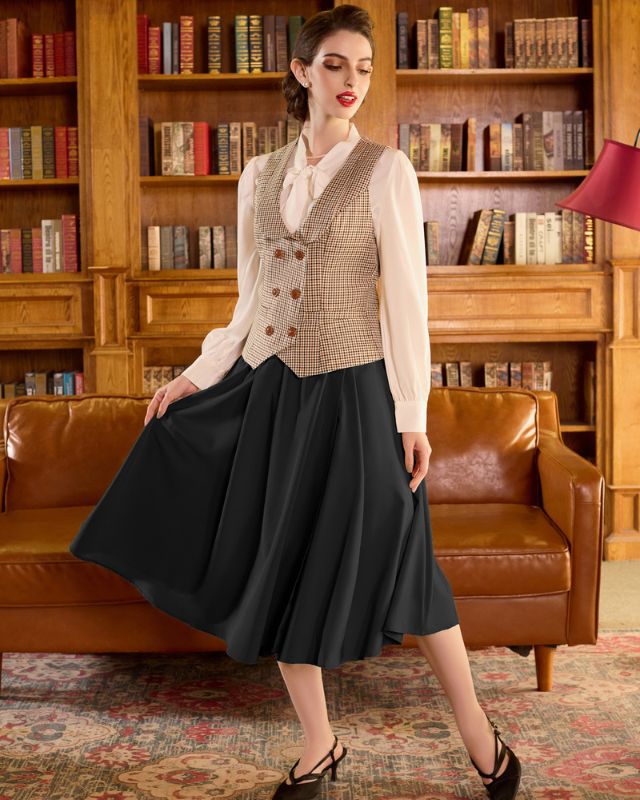 belle poque Vintage Skirts with Side Slit High Waisted Midi A-Line Flowy Skirts with Pockets
