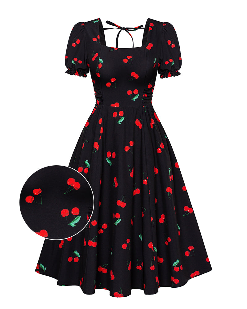 belle poque Vintage Daisy Flower Print Cottagecore Cocktail Dresses Square Neck Puff Sleeve Dress with Pockets