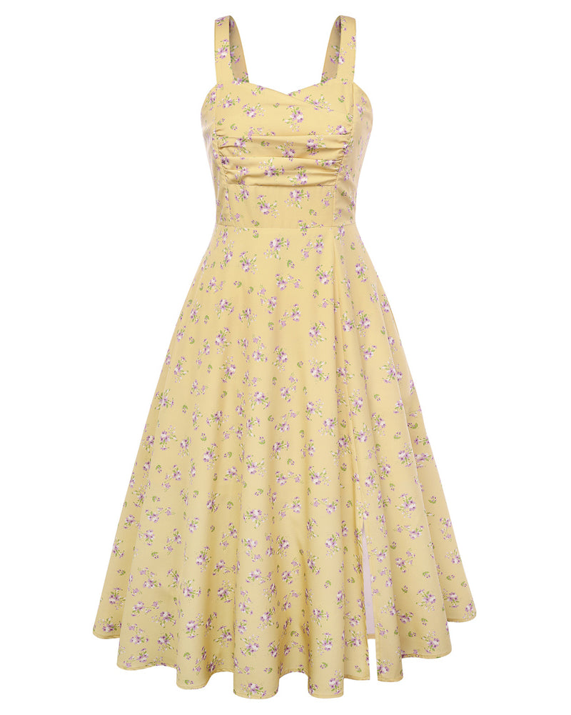 belle poque Vintage 1950s Cocktail Dress Ruched Slit A Line Swing Dress with Pockets Yellow Floral