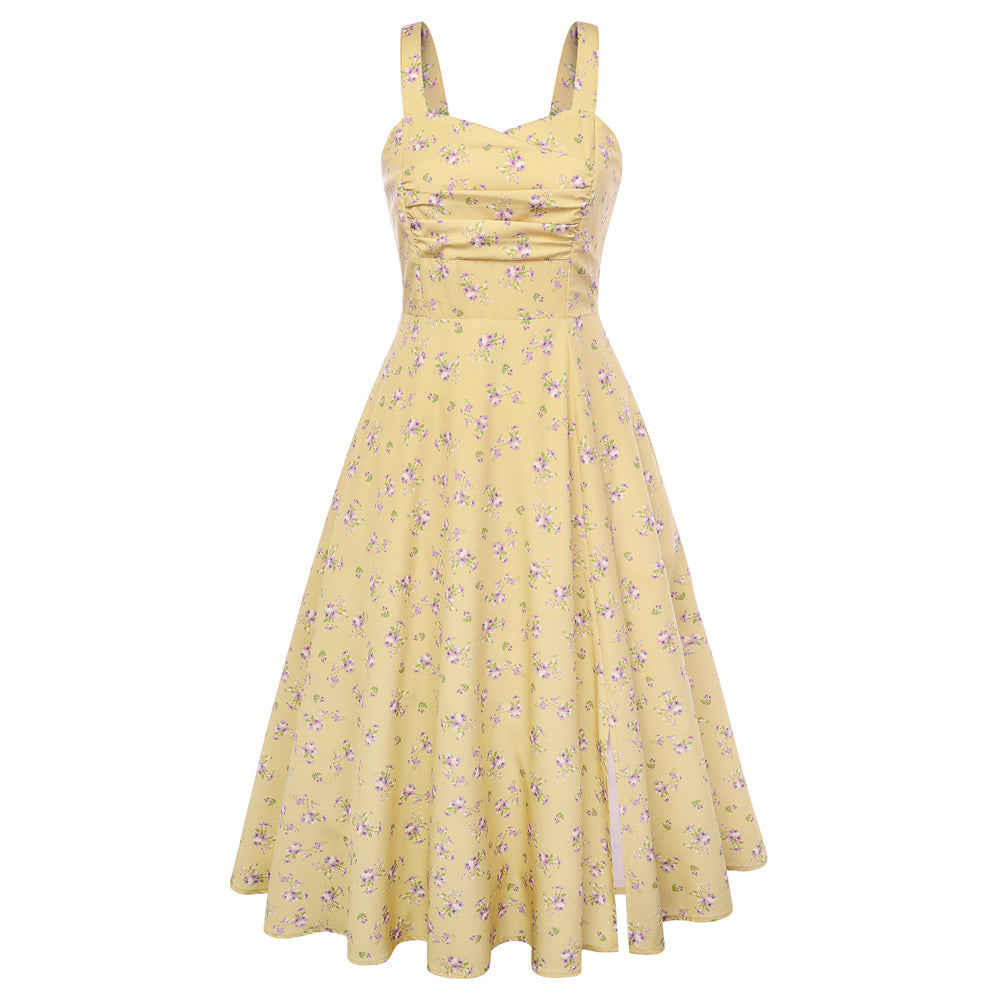 belle poque Vintage 1950s Cocktail Dress Ruched Slit A Line Swing Dress with Pockets Yellow Floral