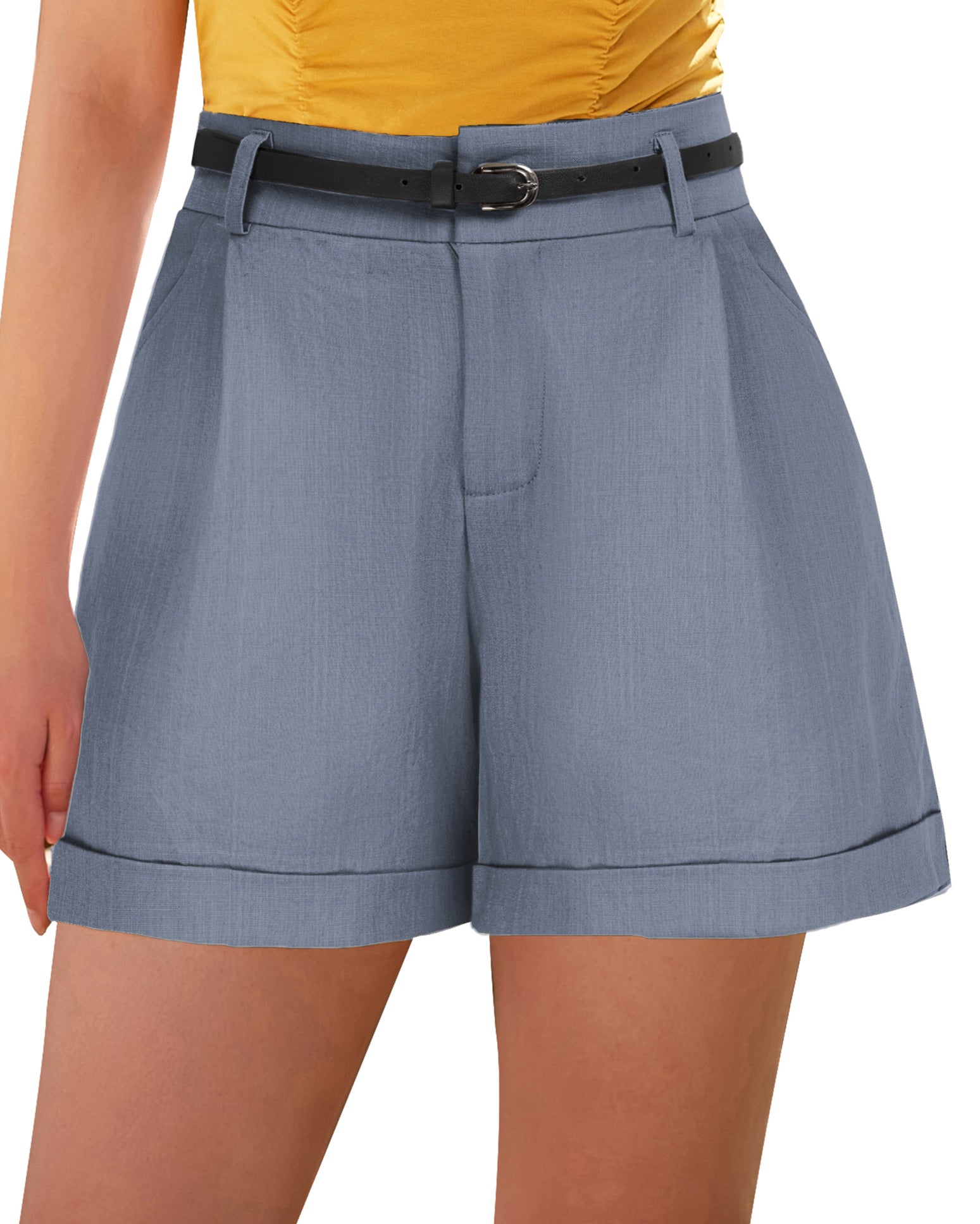 belle poque Elastic Waist Fold-up Leg Opening Cotton Shorts with Belt