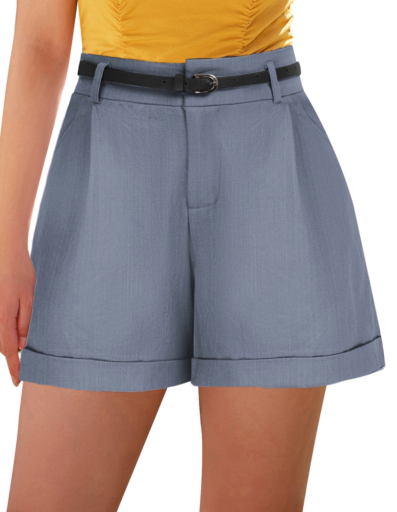 belle poque Elastic Waist Fold-up Leg Opening Cotton Shorts with Belt