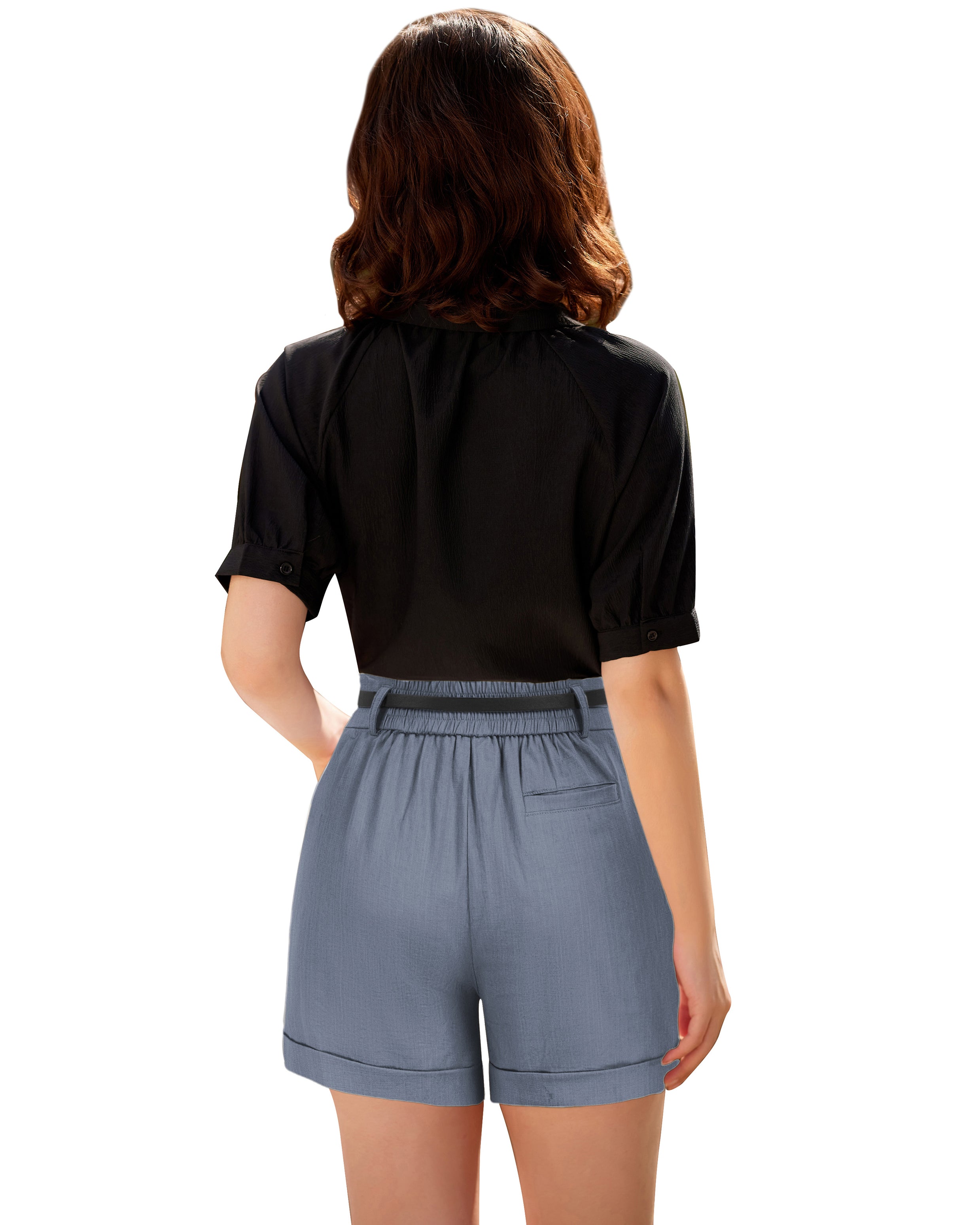 belle poque Elastic Waist Fold-up Leg Opening Cotton Shorts with Belt