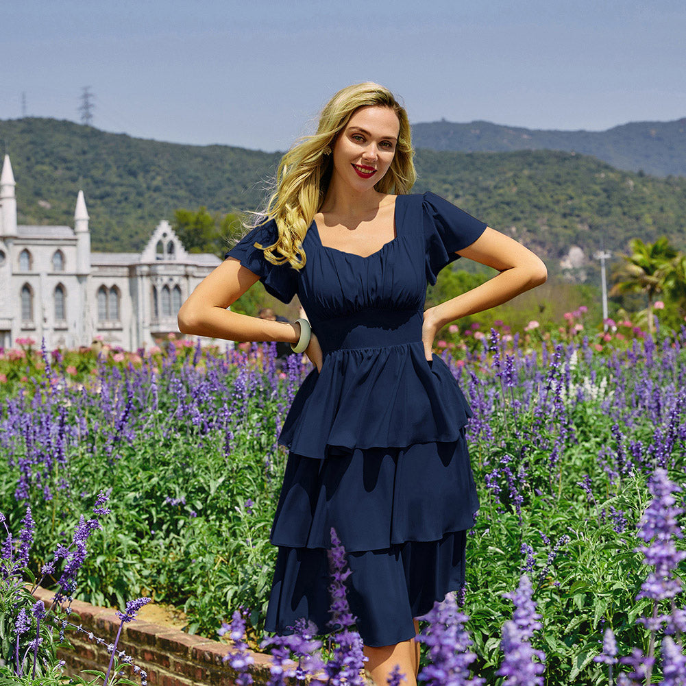 belle poque Vintage Dress 2026 Summer Layered Tiered Ruffle Swing Midi Dress