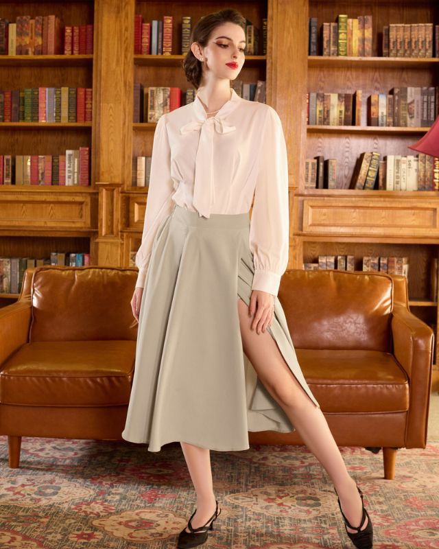 belle poque Vintage Skirts with Side Slit High Waisted Midi A-Line Flowy Skirts with Pockets