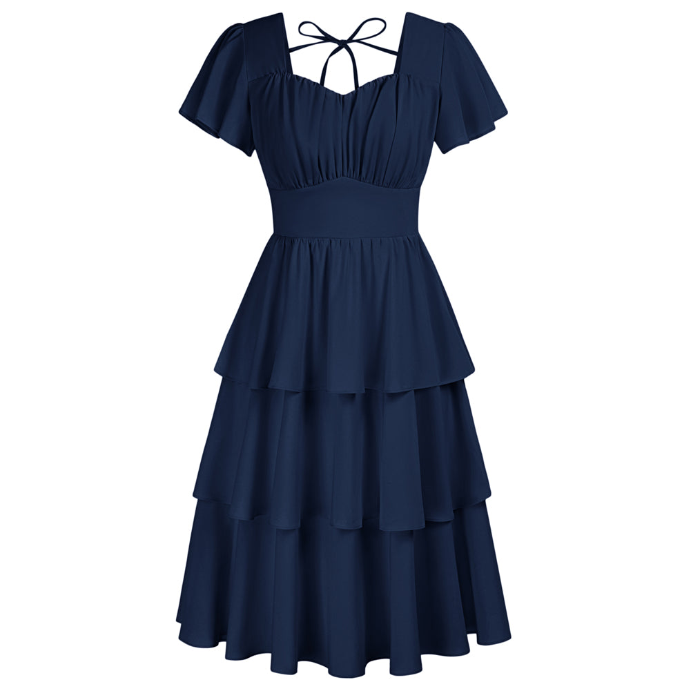 belle poque Vintage Dress 2026 Summer Layered Tiered Ruffle Swing Midi Dress Dark Blue