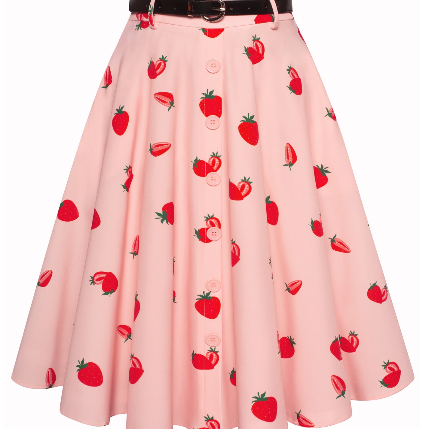 belle poque Swing Skirt with Belt Elastic High Waist Buttons Decorated Skirt Strawberry