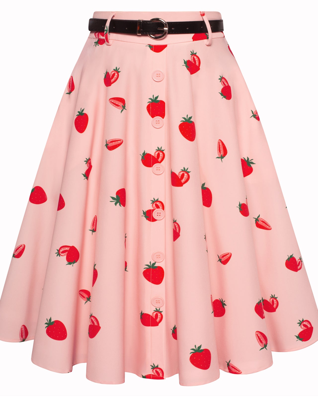 belle poque Swing Skirt with Belt Elastic High Waist Buttons Decorated Skirt Strawberry