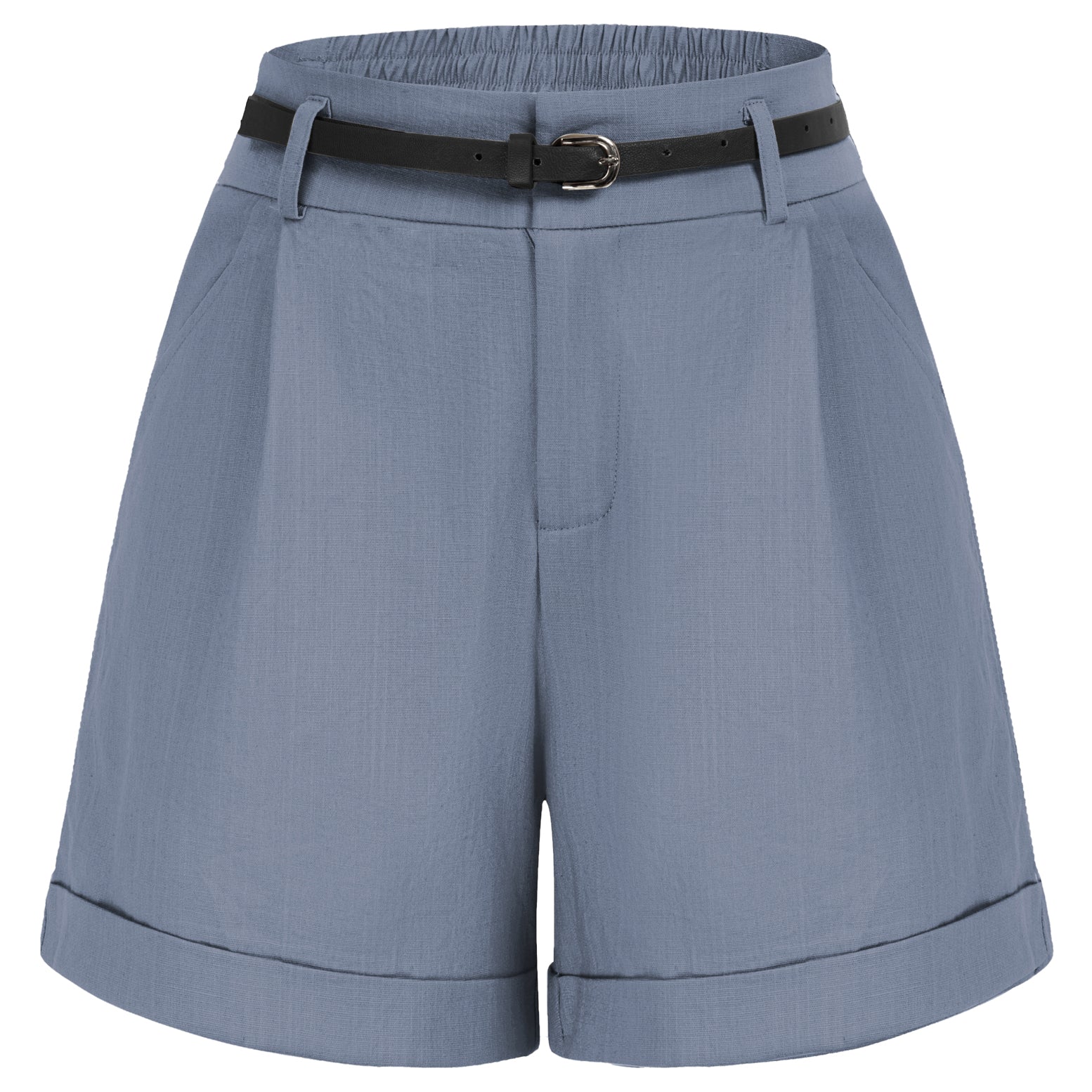 belle poque Elastic Waist Fold-up Leg Opening Cotton Shorts with Belt Blue