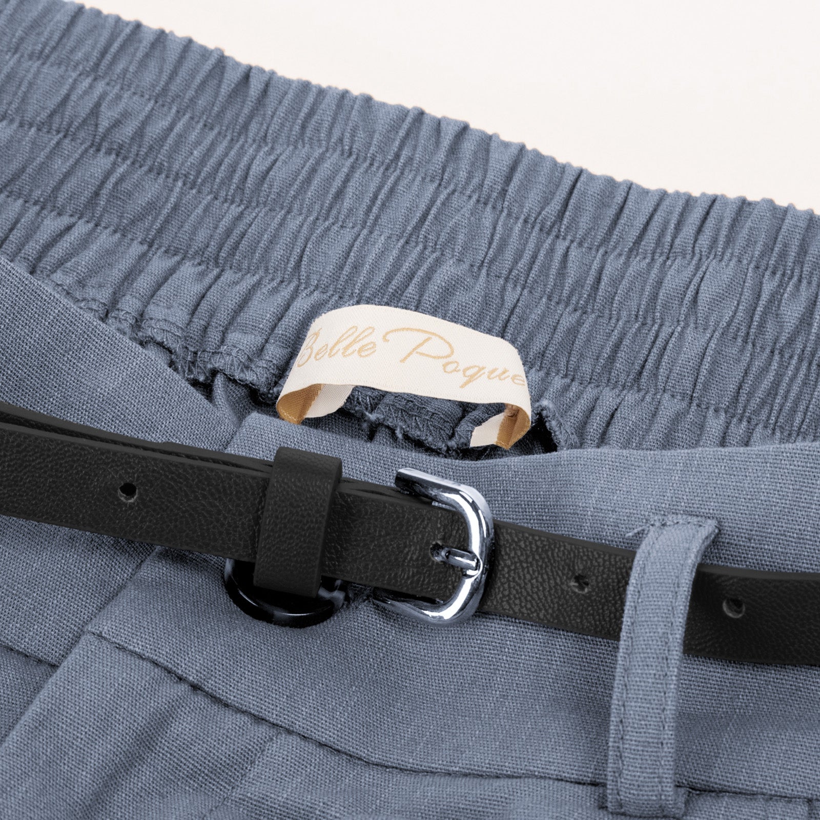 belle poque Elastic Waist Fold-up Leg Opening Cotton Shorts with Belt