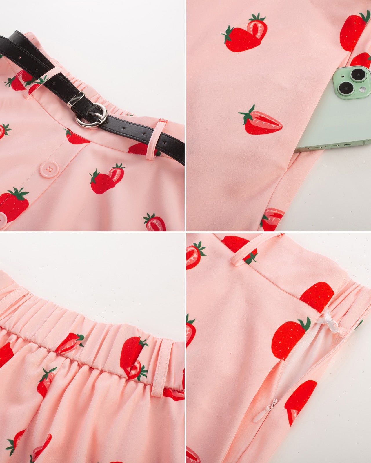 belle poque Swing Skirt with Belt Elastic High Waist Buttons Decorated Skirt