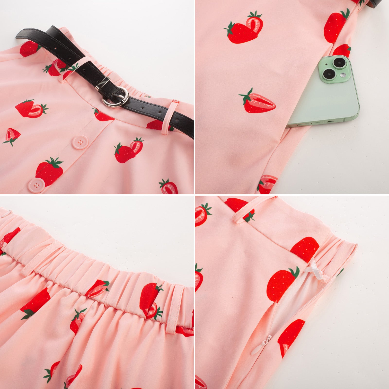 belle poque Swing Skirt with Belt Elastic High Waist Buttons Decorated Skirt