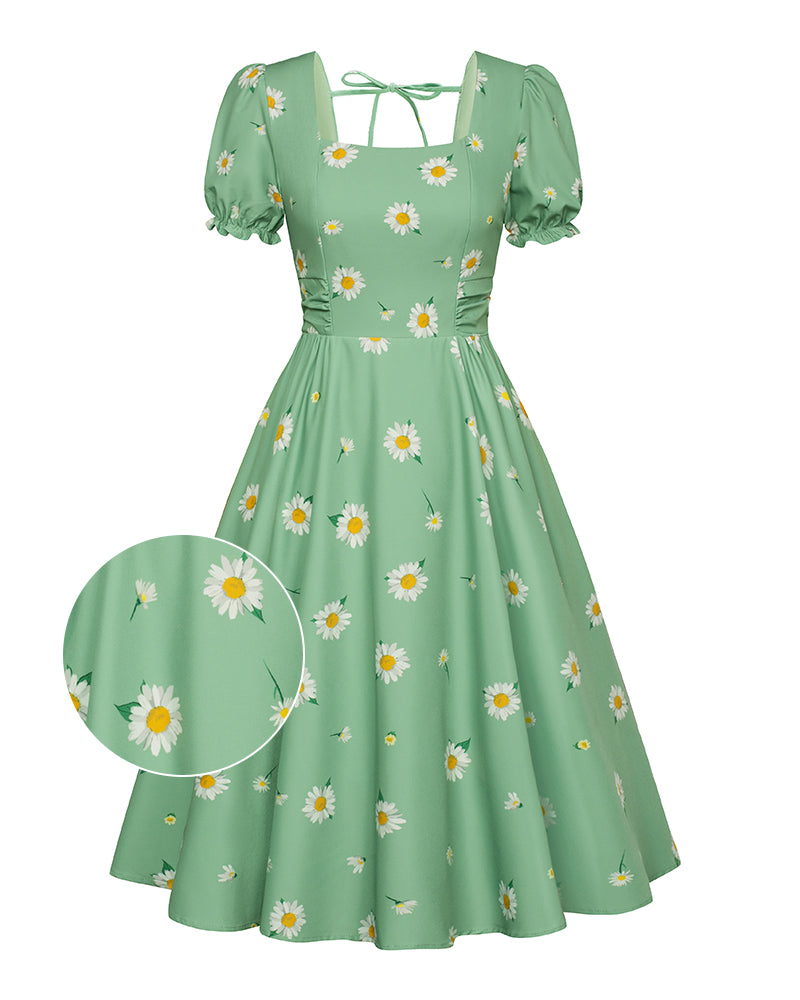 belle poque Vintage Daisy Flower Print Cottagecore Cocktail Dresses Square Neck Puff Sleeve Dress with Pockets