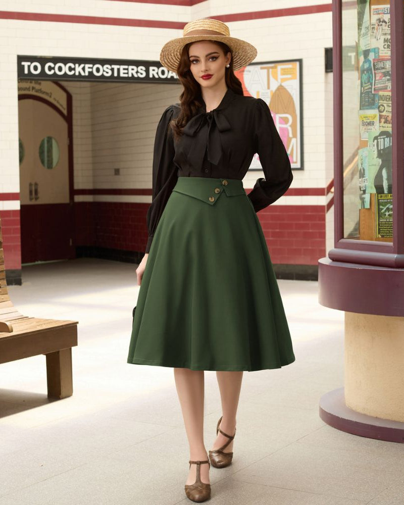 belle poque Vintage A-Line Skirt High Waisted Midi Skirt with Pockets & Buttons