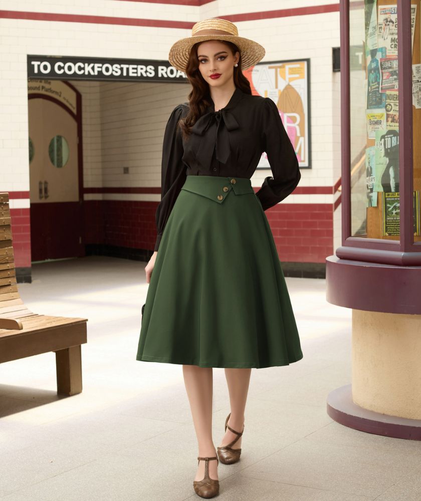 belle poque Vintage A-Line Skirt High Waisted Midi Skirt with Pockets & Buttons