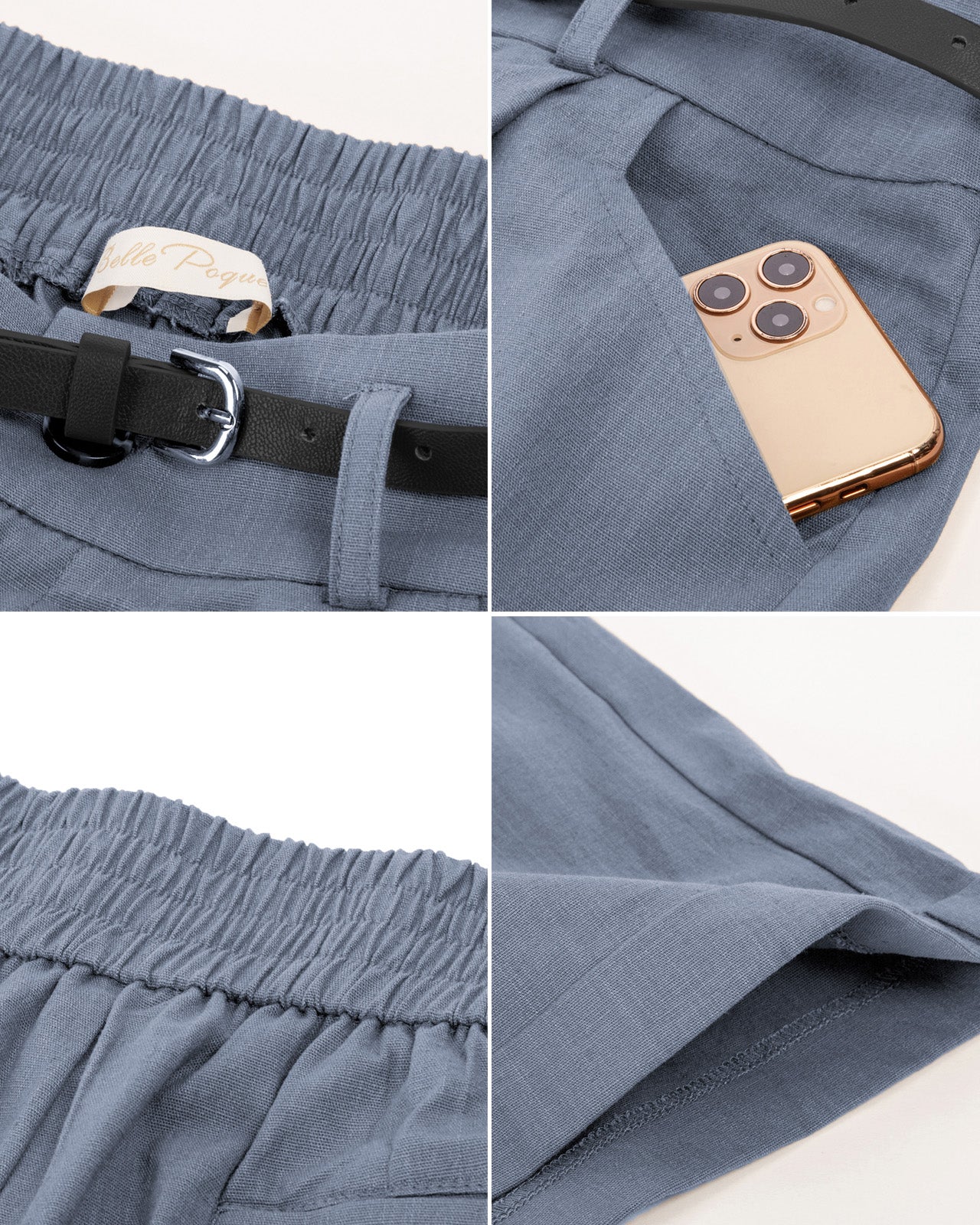 belle poque Elastic Waist Fold-up Leg Opening Cotton Shorts with Belt