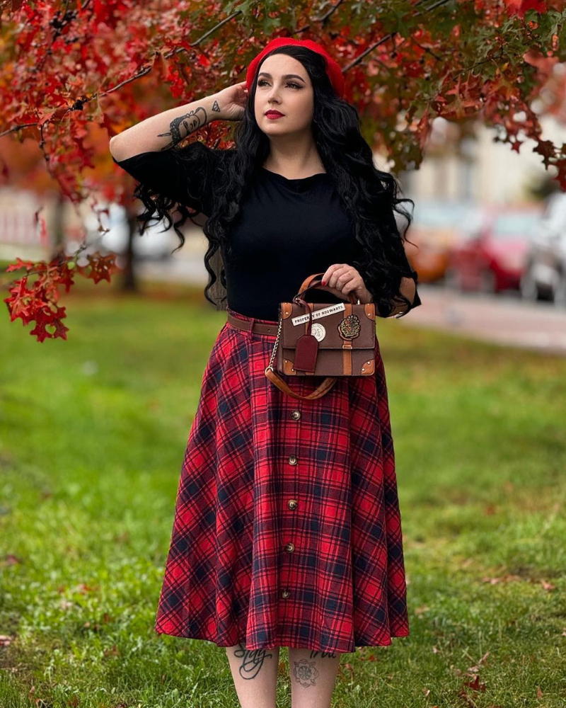 belle poque Swing Plaid Skirt with Belt Elastic High Waist Buttons Decorated Skirt