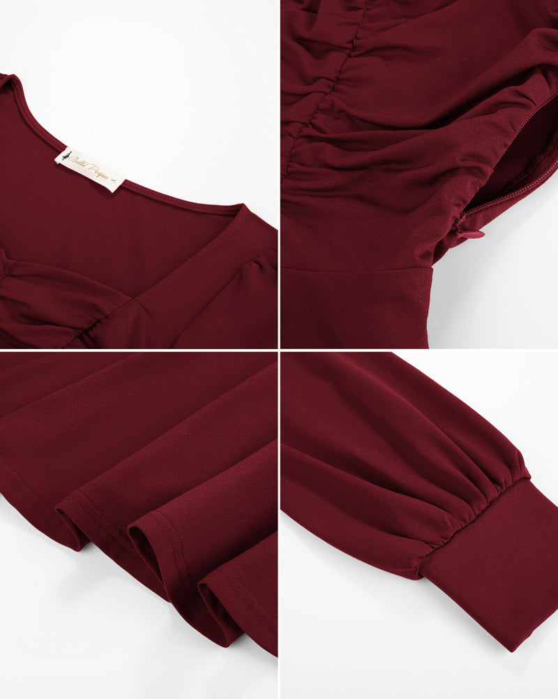 belle poque Women Vintage Ruched Tops Puffed Long Sleeve Peplum Hem Tops