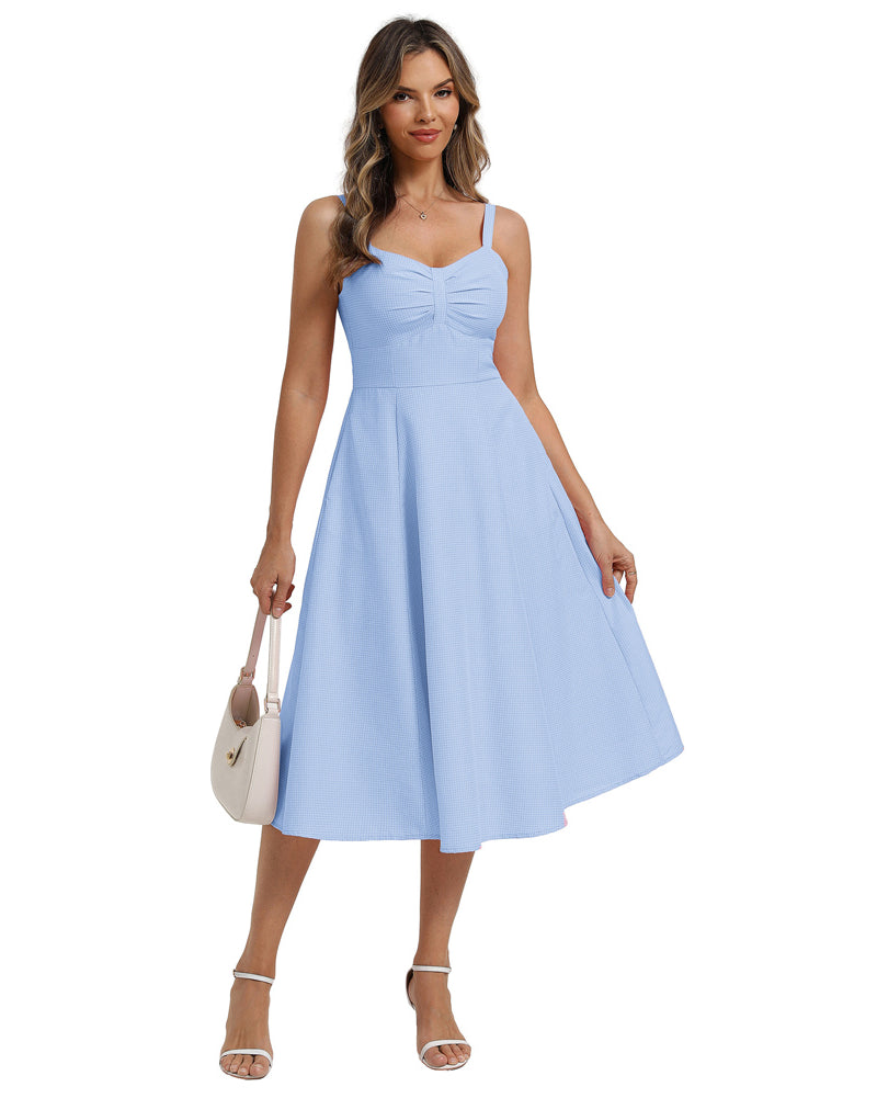 belle poque 1950s Vintage Gingham Dress for Women Sweetheart Neckline Dresses with Pockets