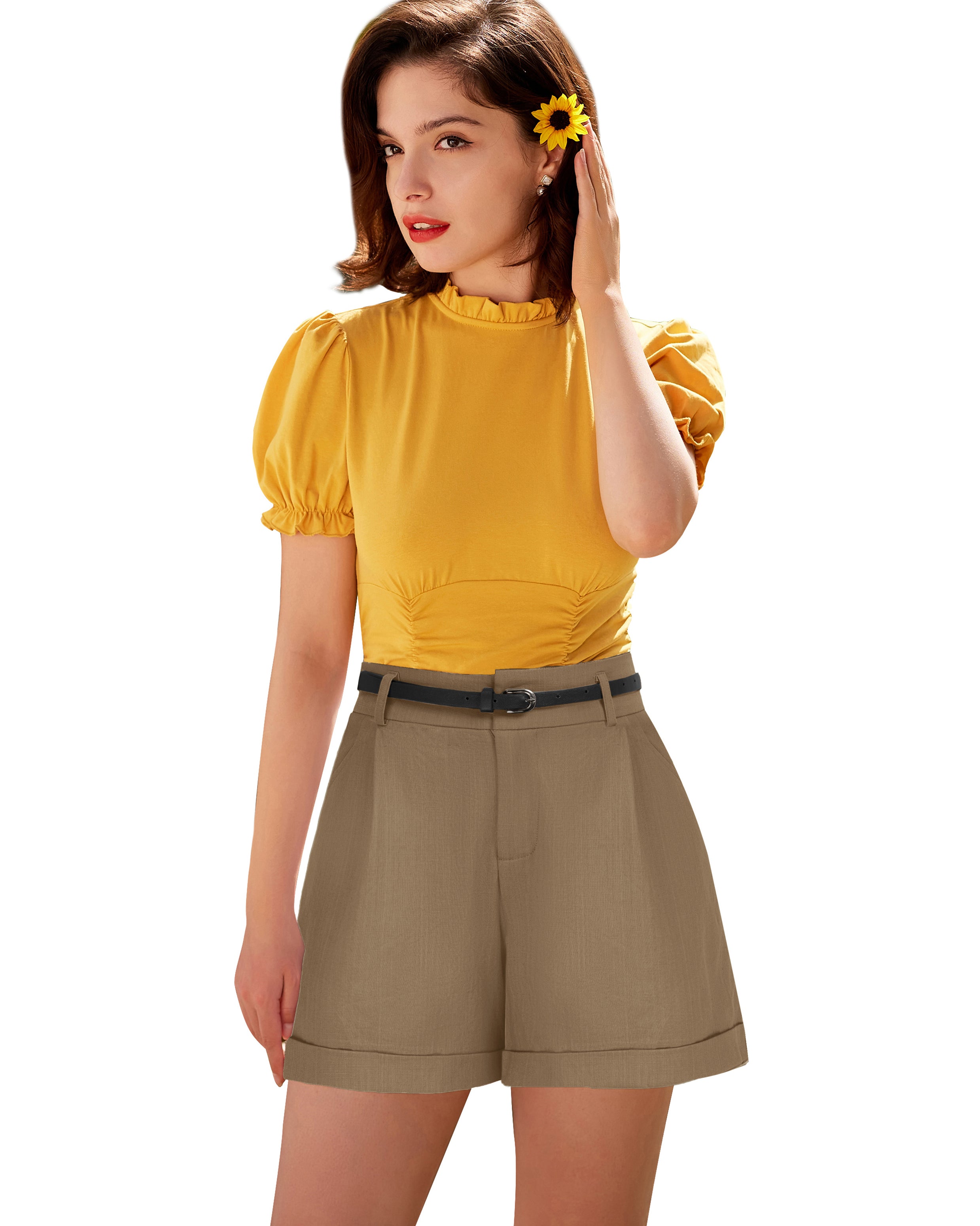 belle poque Elastic Waist Fold-up Leg Opening Cotton Shorts with Belt