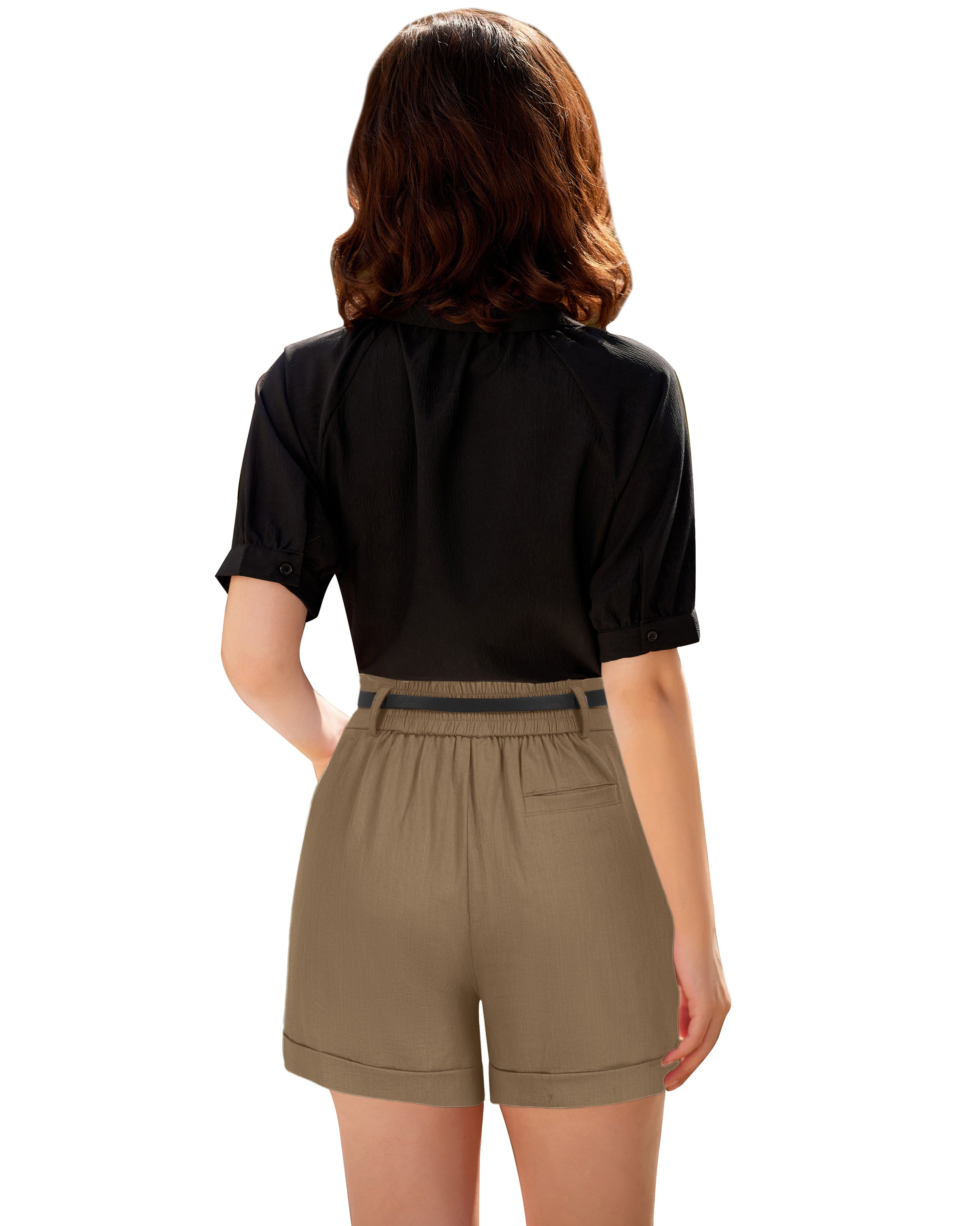 belle poque Elastic Waist Fold-up Leg Opening Cotton Shorts with Belt