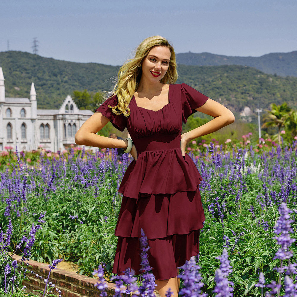 belle poque Vintage Dress 2026 Summer Layered Tiered Ruffle Swing Midi Dress