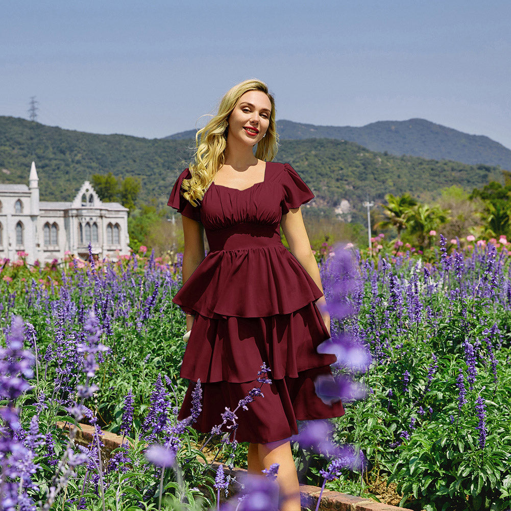 belle poque Vintage Dress 2026 Summer Layered Tiered Ruffle Swing Midi Dress