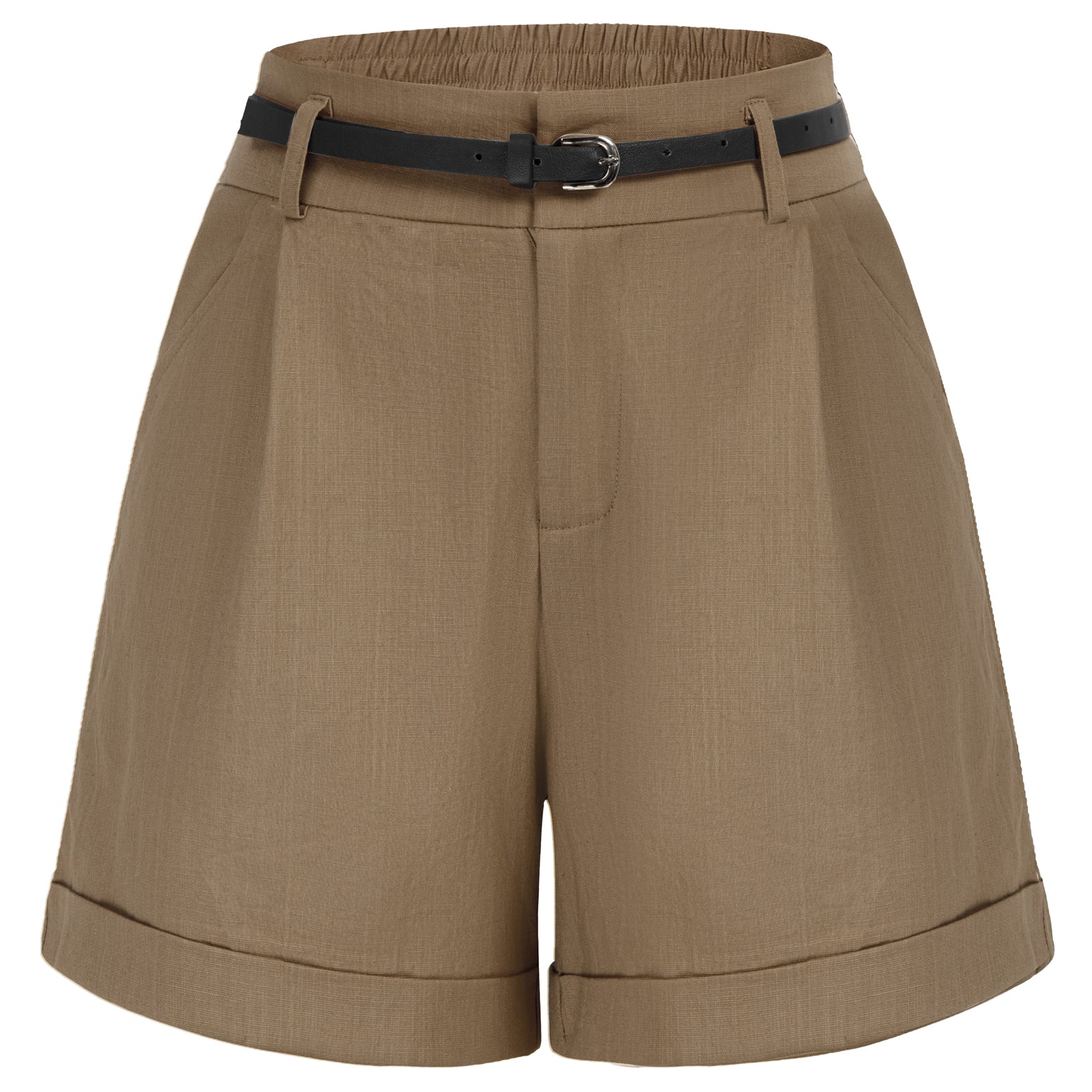 belle poque Elastic Waist Fold-up Leg Opening Cotton Shorts with Belt Brown