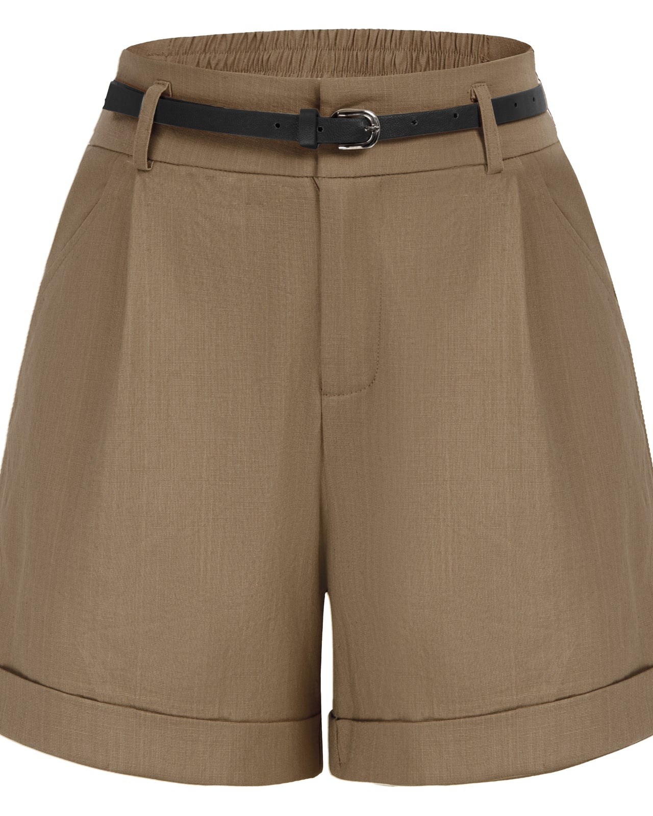 belle poque Elastic Waist Fold-up Leg Opening Cotton Shorts with Belt Brown