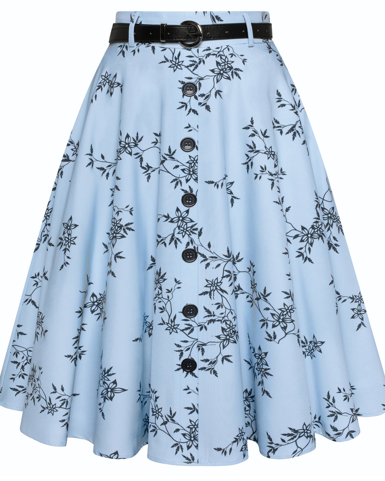 belle poque Swing Skirt with Belt Elastic High Waist Buttons Decorated Skirt Floral blue