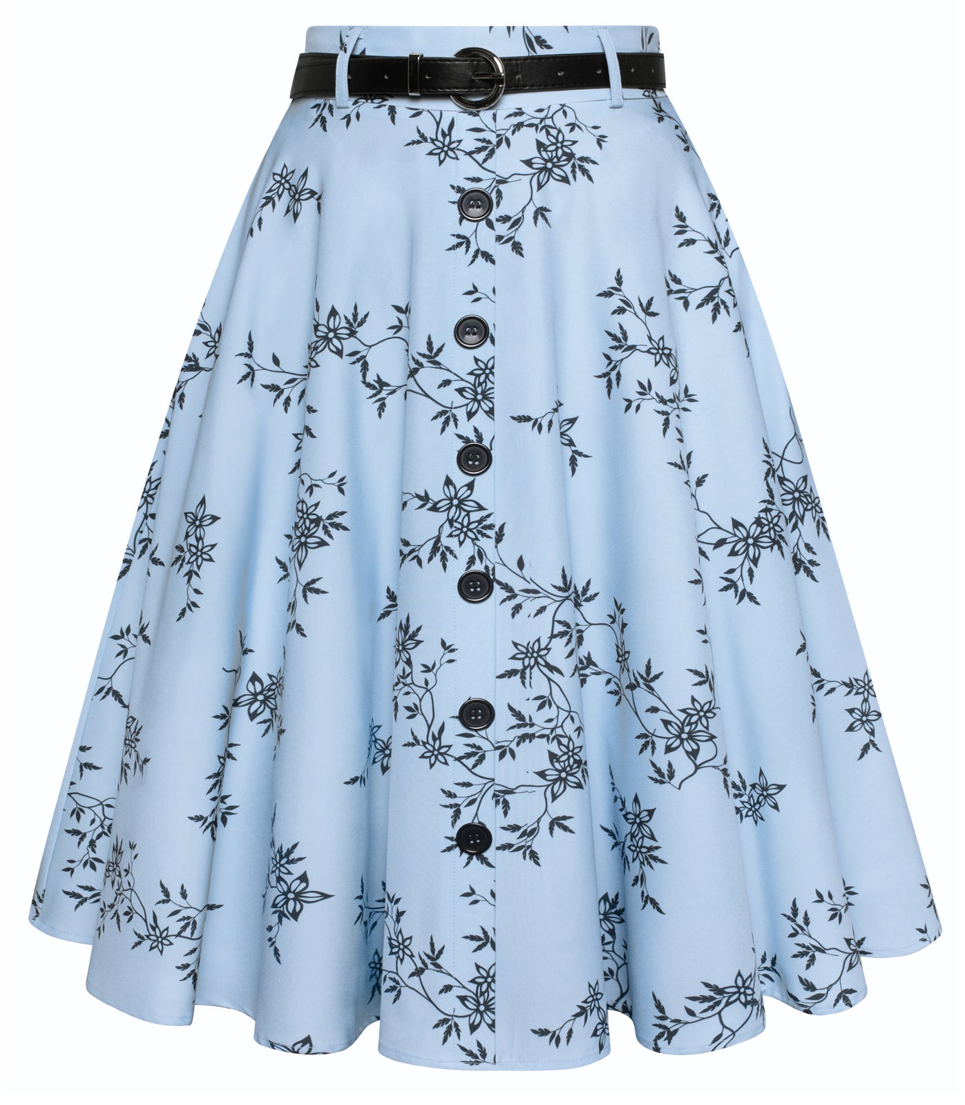 belle poque Swing Skirt with Belt Elastic High Waist Buttons Decorated Skirt Floral blue