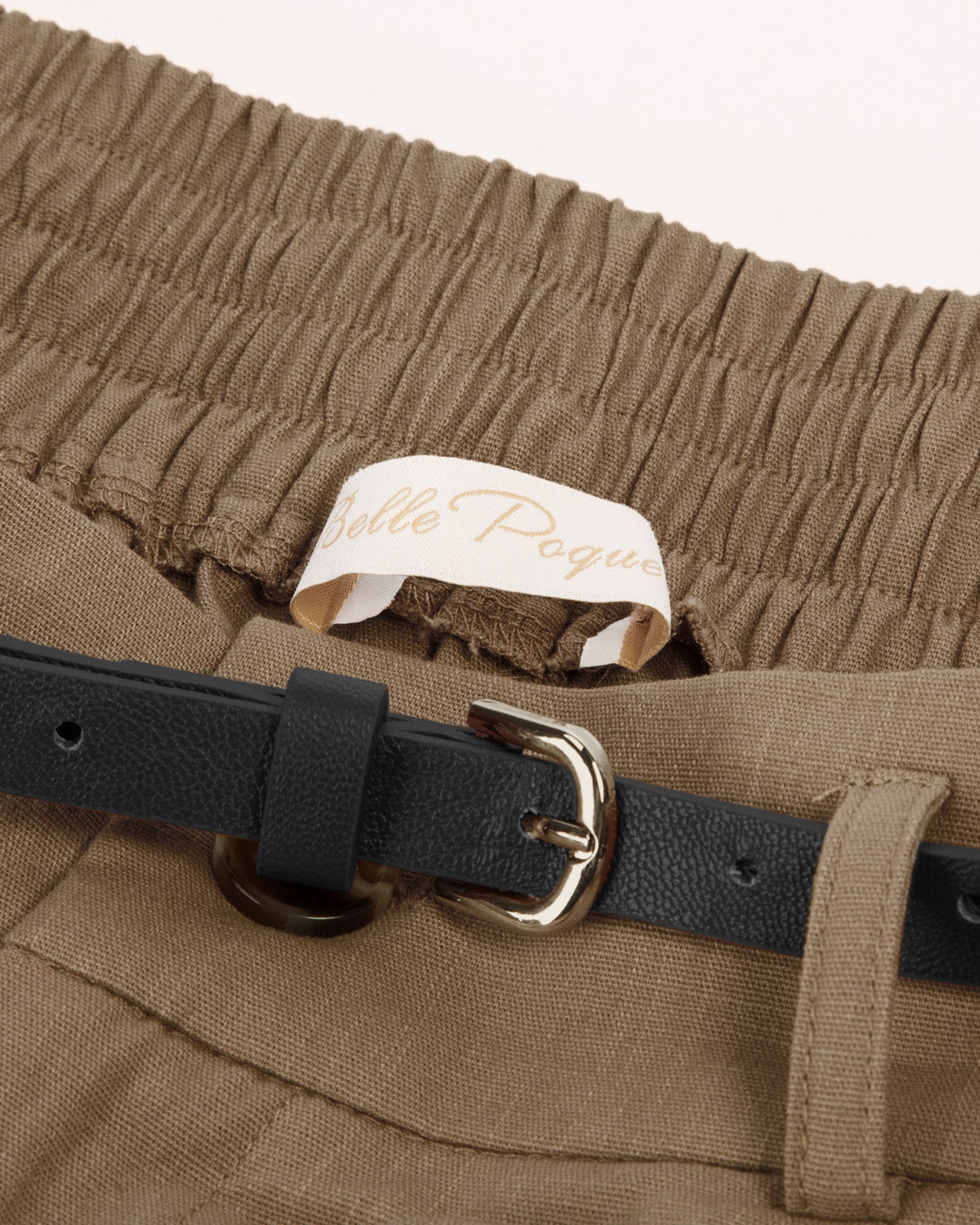 belle poque Elastic Waist Fold-up Leg Opening Cotton Shorts with Belt