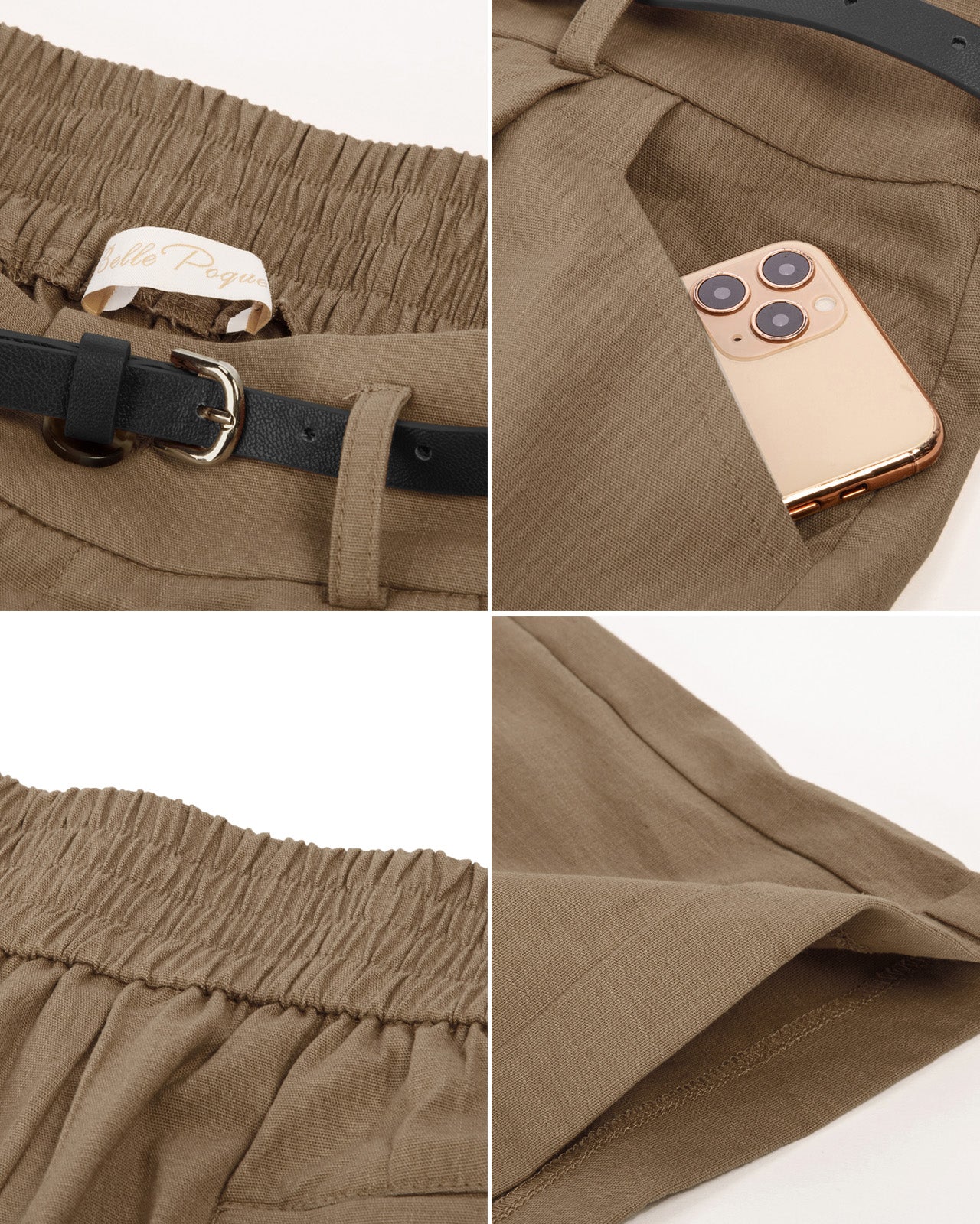 belle poque Elastic Waist Fold-up Leg Opening Cotton Shorts with Belt