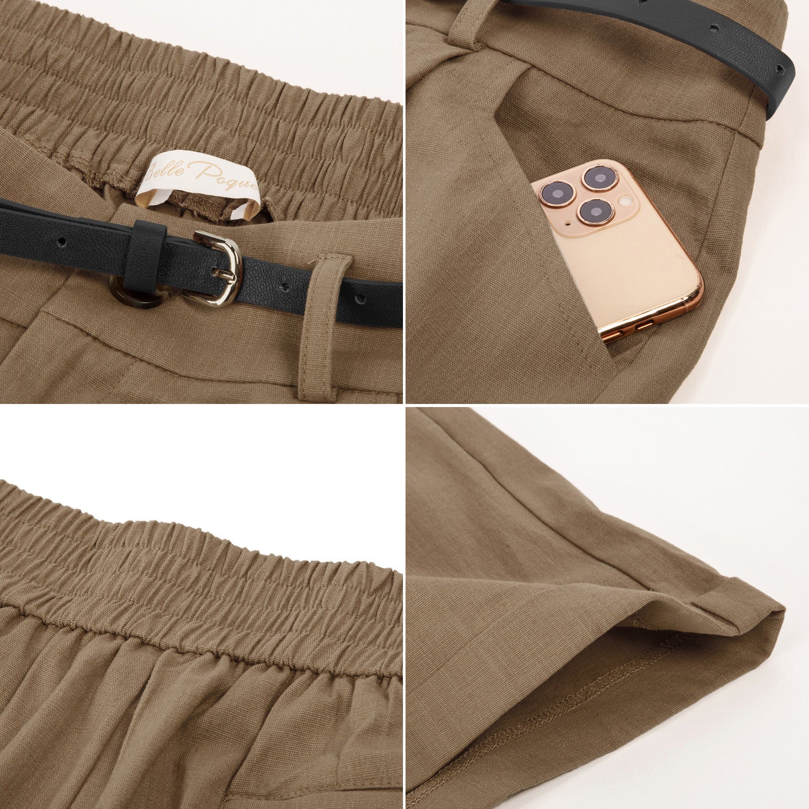 belle poque Elastic Waist Fold-up Leg Opening Cotton Shorts with Belt