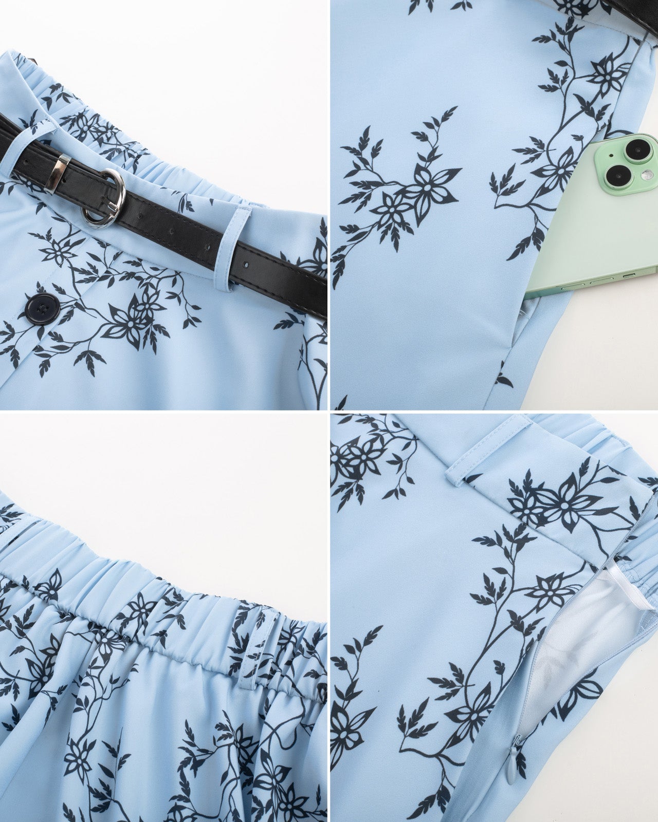 belle poque Swing Skirt with Belt Elastic High Waist Buttons Decorated Skirt