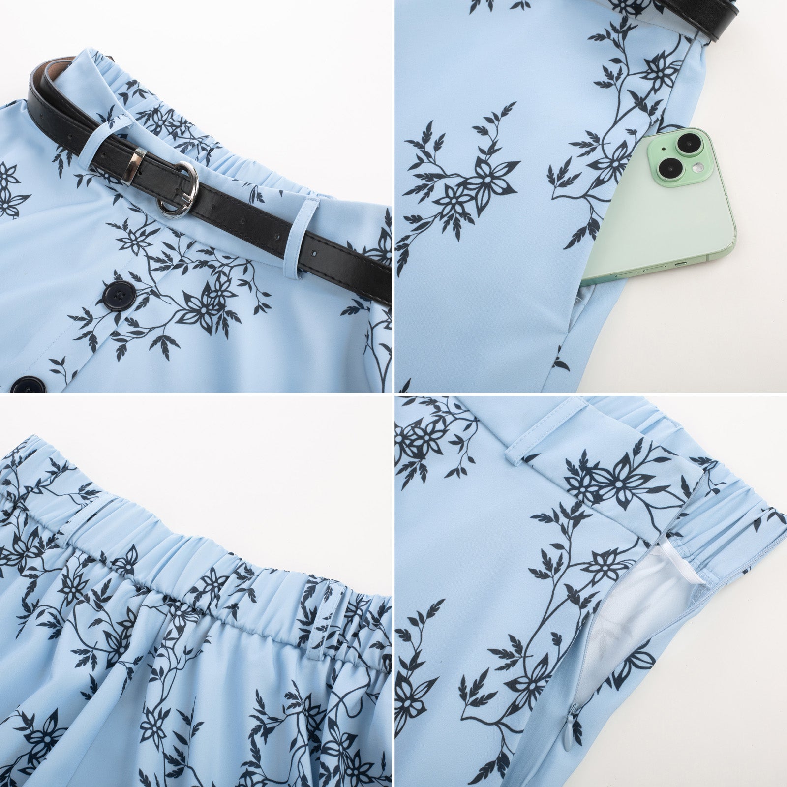 belle poque Swing Skirt with Belt Elastic High Waist Buttons Decorated Skirt