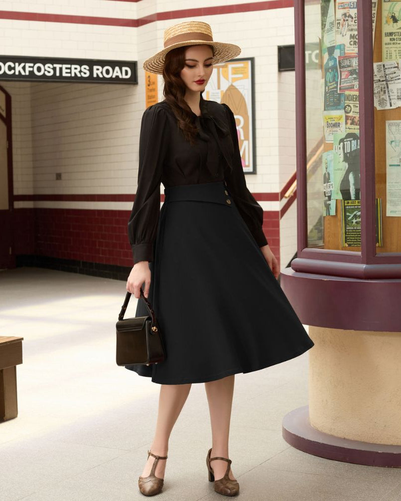 belle poque Vintage A-Line Skirt High Waisted Midi Skirt with Pockets & Buttons