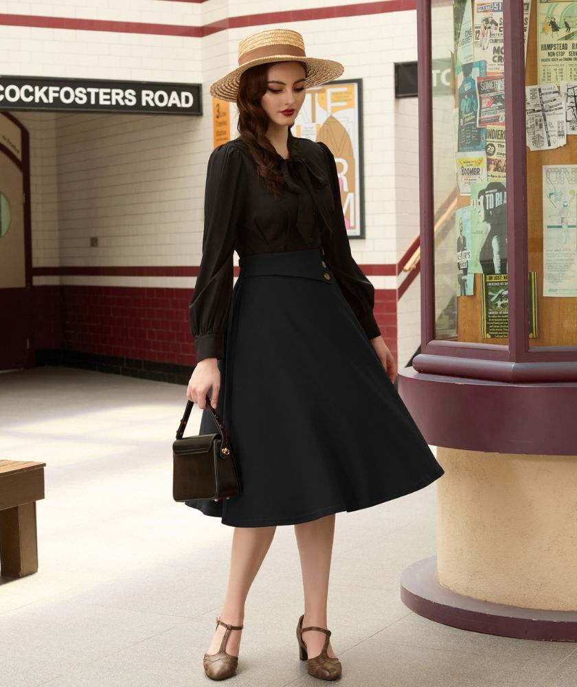 belle poque Vintage A-Line Skirt High Waisted Midi Skirt with Pockets & Buttons