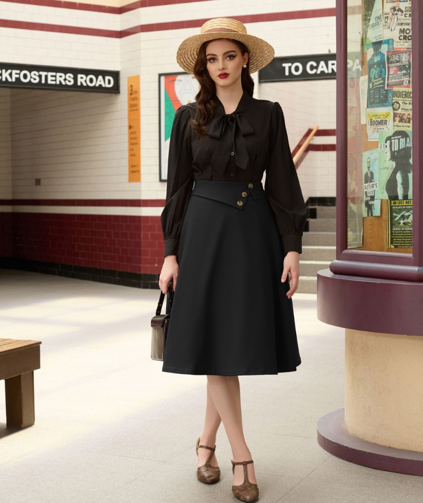 belle poque Vintage A-Line Skirt High Waisted Midi Skirt with Pockets & Buttons