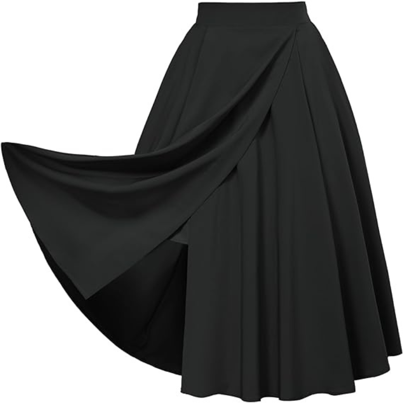 belle poque Vintage Skirts with Side Slit High Waisted Midi A-Line Flowy Skirts with Pockets Black