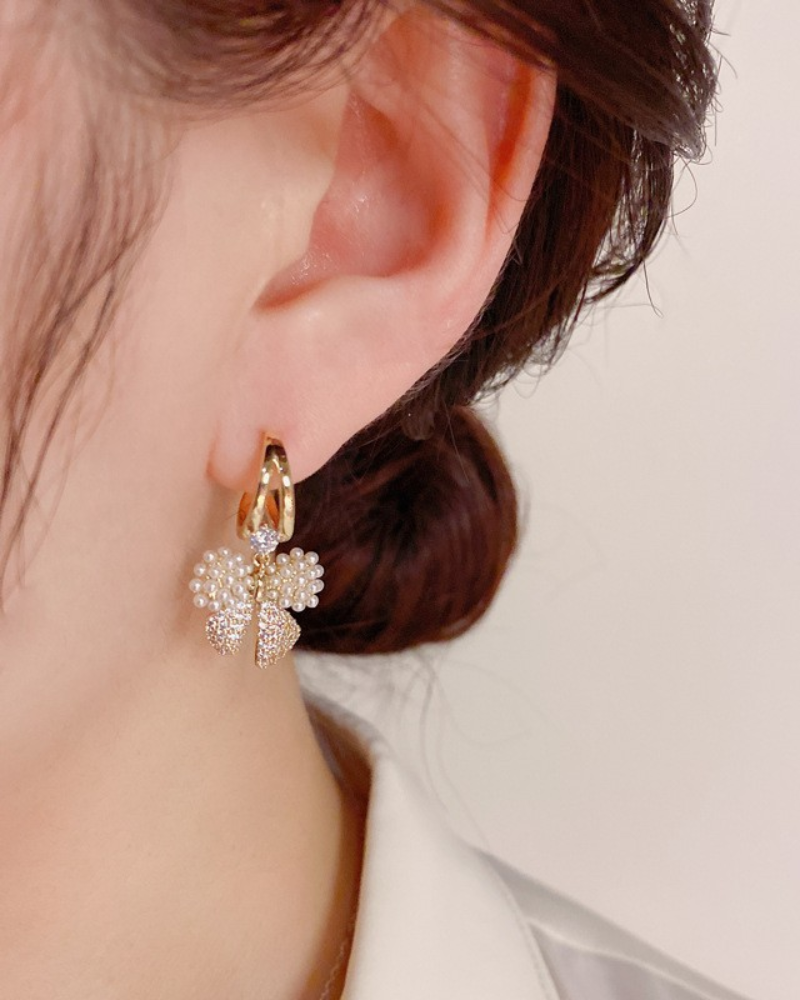 belle poque Vintage Pearl 925 Silver Needle Earrings Classic Pearl Decorative Earrings Bow Tie