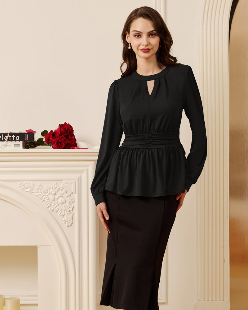belle poque Women Retro Defined Waist Tops Long Lantern Sleeve Crew Neck Pullover Tops