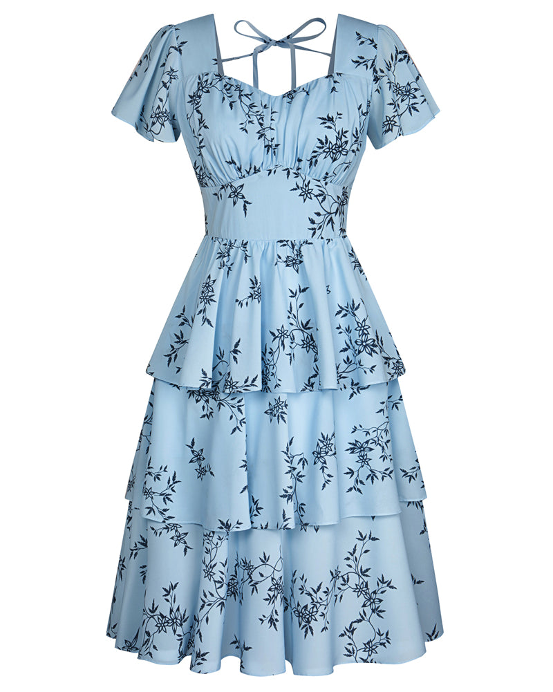 belle poque Floral Print Tiered Ruffle Dress 2026 Summer Vintage A-line Swing Midi Dress Dark Blue